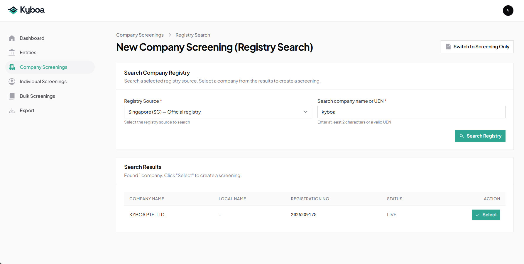 Kyboa Singapore Registry Search Screenshot